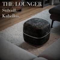 THE LOUNGER – 2 in 1 Design-Sitzhocker & Shiatsu Fußmassagegerät mit Wärmefunktion / Pouf / Fußhocker / elektrische Fußmassage im Premium Design Schwarz